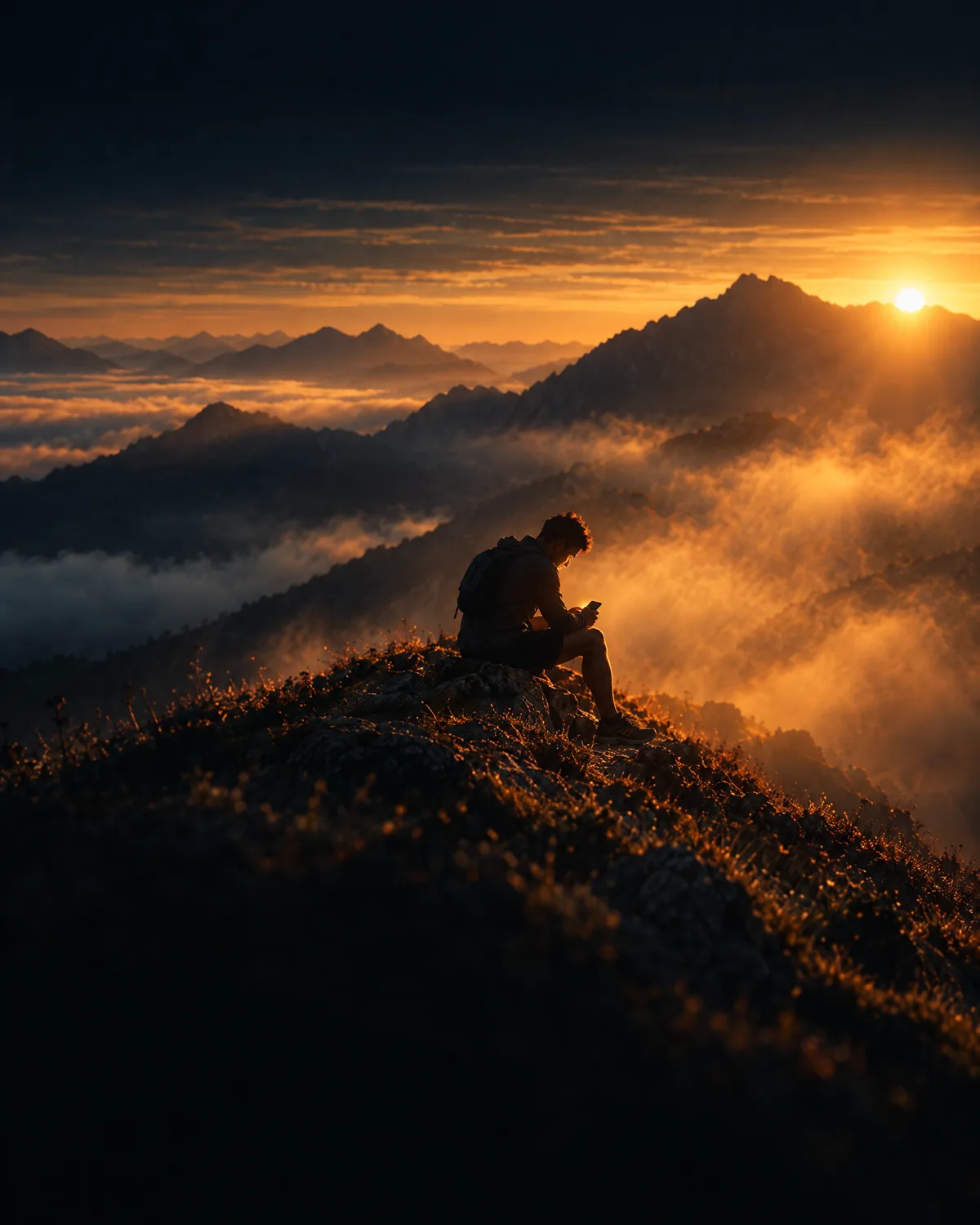 A runner alone on a mountain ridge at dawn, checking their phone